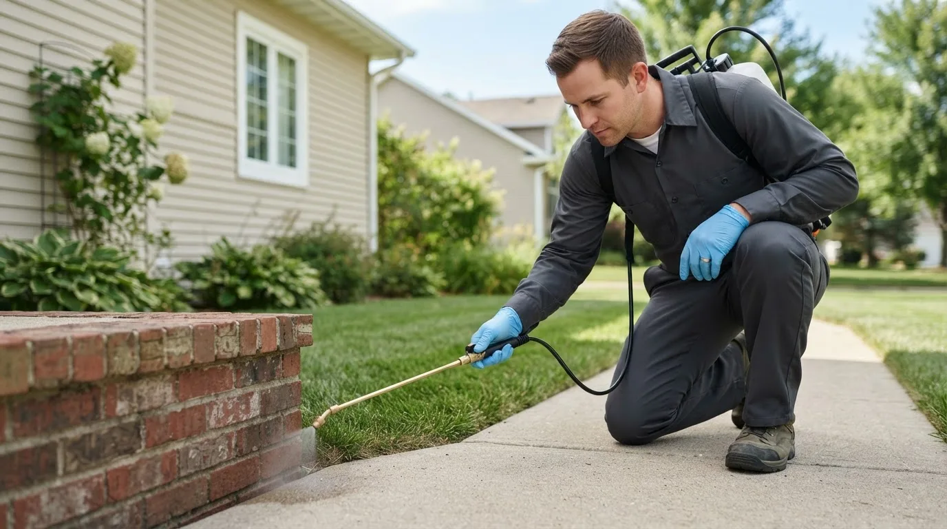 Pest control technician treating a home near Merna, NE