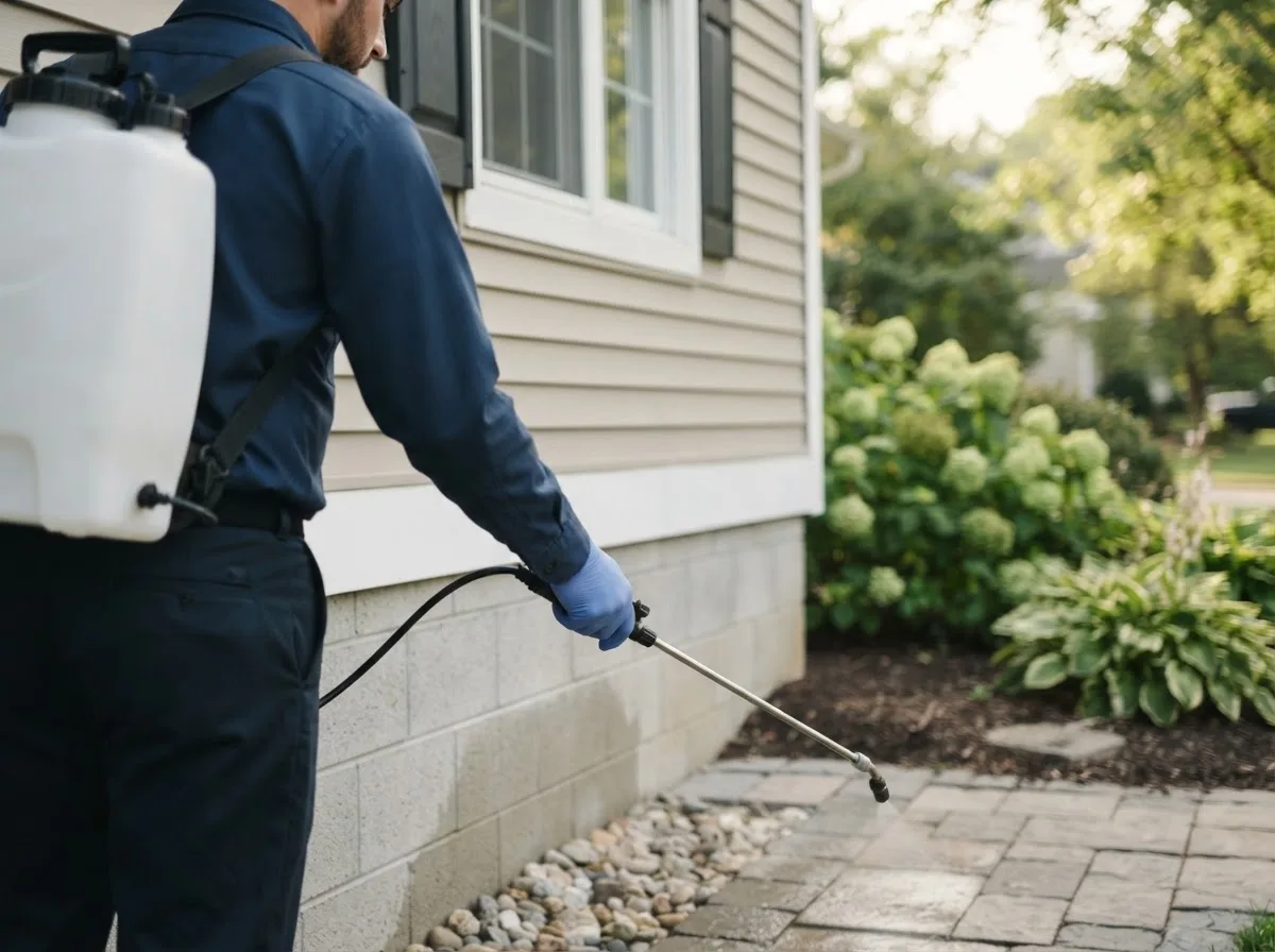 Pest control technician inspecting a home in Merna, NE